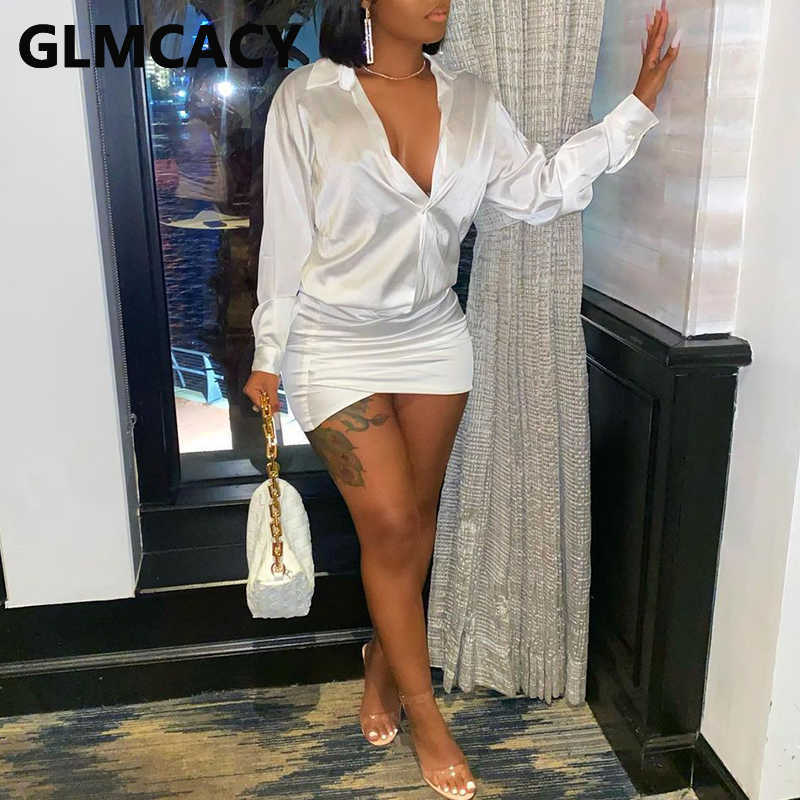 Long Sleeve Satin Bodycon Shirt Dress Elegant OL Mini Dress 210702