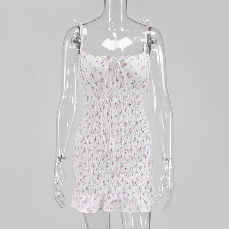 NewAsia White Floral Shirred Mini Dress Summer Women Ruffles Dress Sexy Spaghetti Straps Pleated Ruched Bodycon Dresses 210304