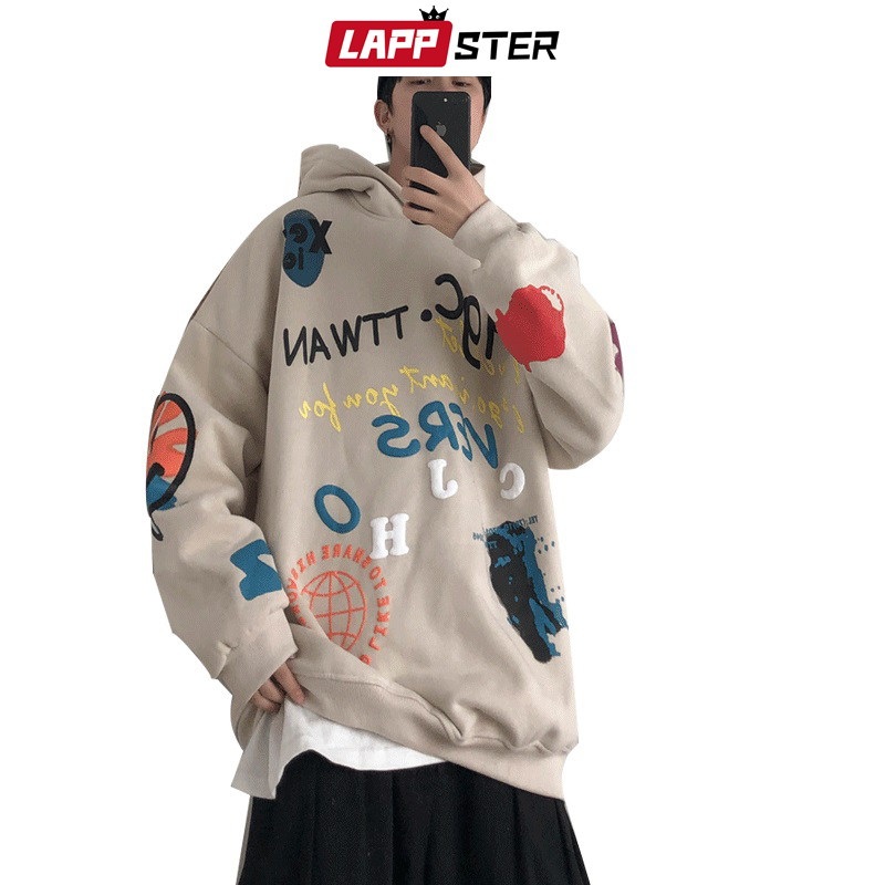 LAPPSTER Men Casual black Korean Sweatshirts Fleece Mens Japanese Streetwear Hooded Hoodie Harajuku Hip Hop Clothing 201020