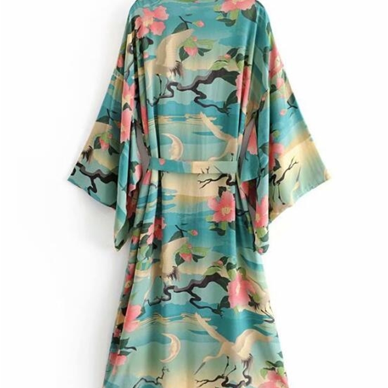 Bohemian V neck Crane Lotus Flower Print Long Kimono Shirt Ethnic Lacing up With Sashes Long Cardigan Loose Blouse Tops 210225