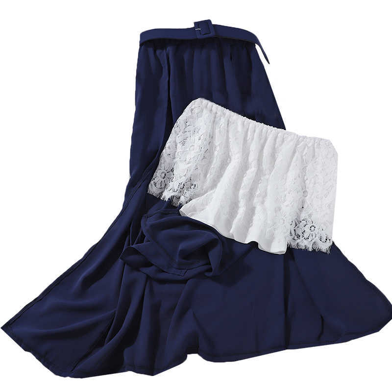 DEAT Women Slash Neck Lace Sleeveless Split Long Pants Two Piece Set Temperament Fashion Spring Summer 11D389 210709