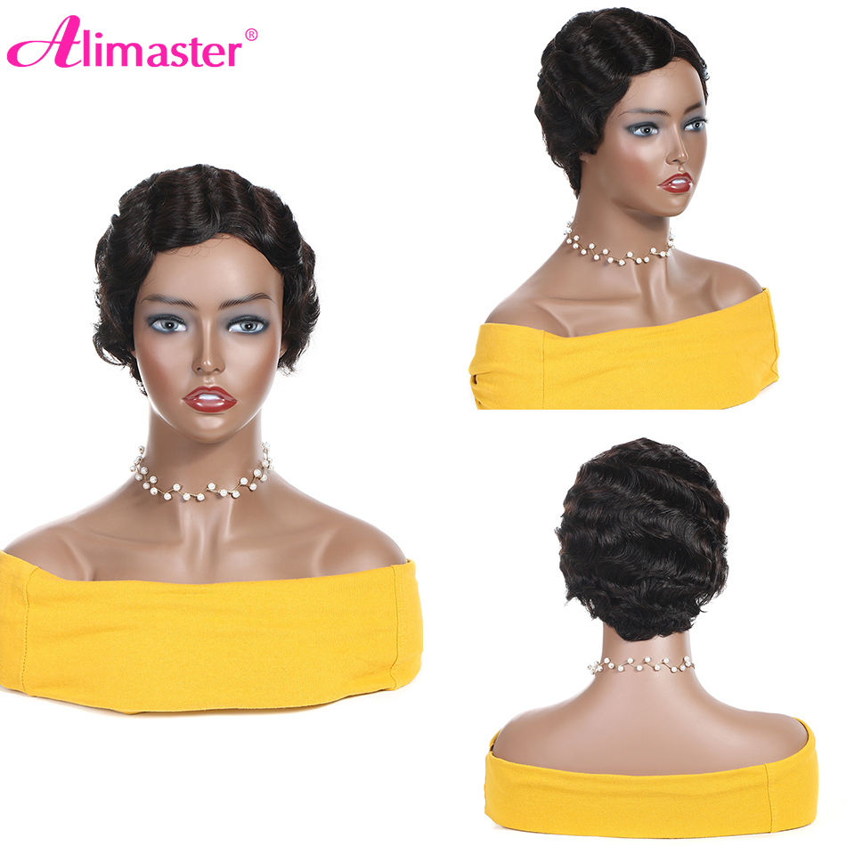 Short Pixie Cut Human Hair Wigs Really Cute Finger Waves Hairstyles for Black Women Full Machine Made Wigs Perruque Cheveux