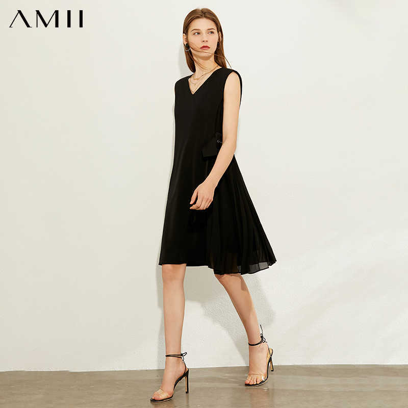 Minimalism Spring Summer Fashion Splice Pleated Dress Women Vneck Sleeveless Knee-length 12070255 210527