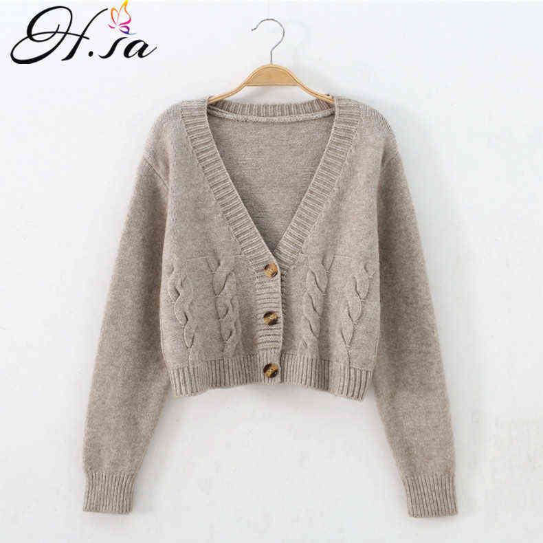H.SA Women Cardigans Spring Short Cropped Cardigans Button Up V neck Twisted Knitted White Cardigan Sueter Feminino 211117