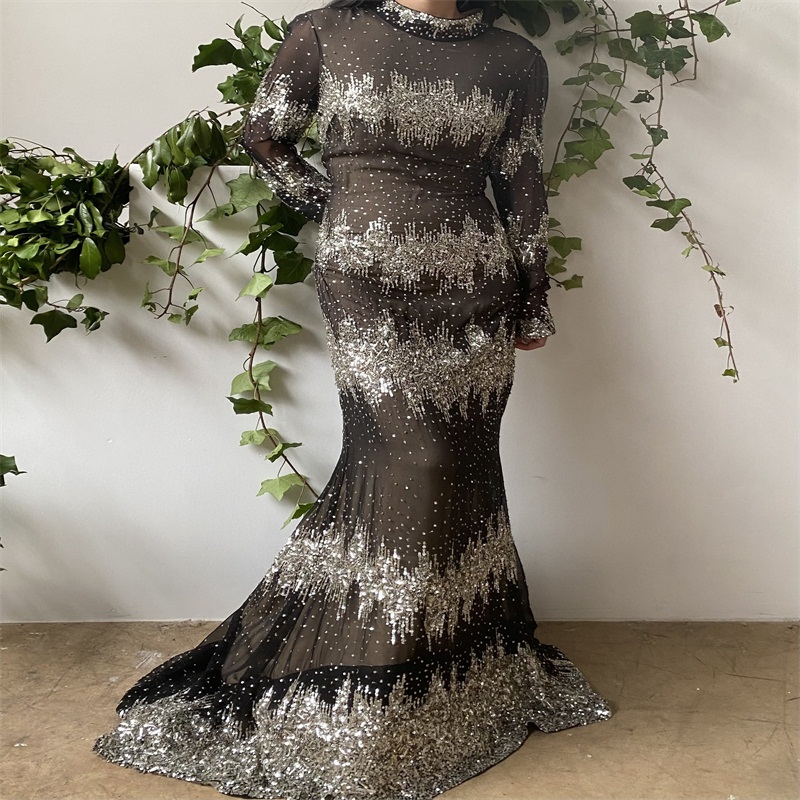 Luxury Sliver Mermaid Prom Dresses Real Image Long Sleeves Evening Dresses Sequins Beads Appliqued Sweep Train Custom Made Pageant Gown
