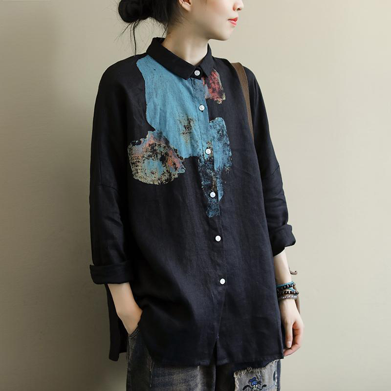 New Arrival Autumn Women Long Sleeve Loose Shirts Plus Size Arts Vintage Print Cotton Linen Casual Blouse Ladies Tops D405 210225
