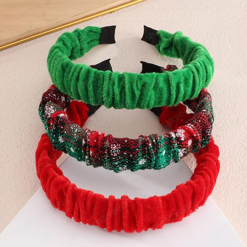 Women Sweet Christmas Headbands Fashion Red Green Velvet Pleated Head Hoop Cloth Lattice Hair Bands Hair Accessories