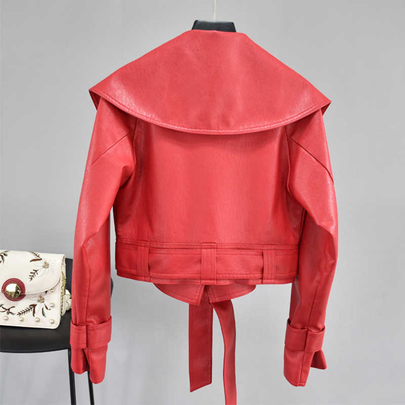 FTLZZ Autumn Women Pu Leather Jackets Short Coat Turndown Collar Belt Lace-up Motorcycle Black Punk Red Overcoat Female Outwear 210909