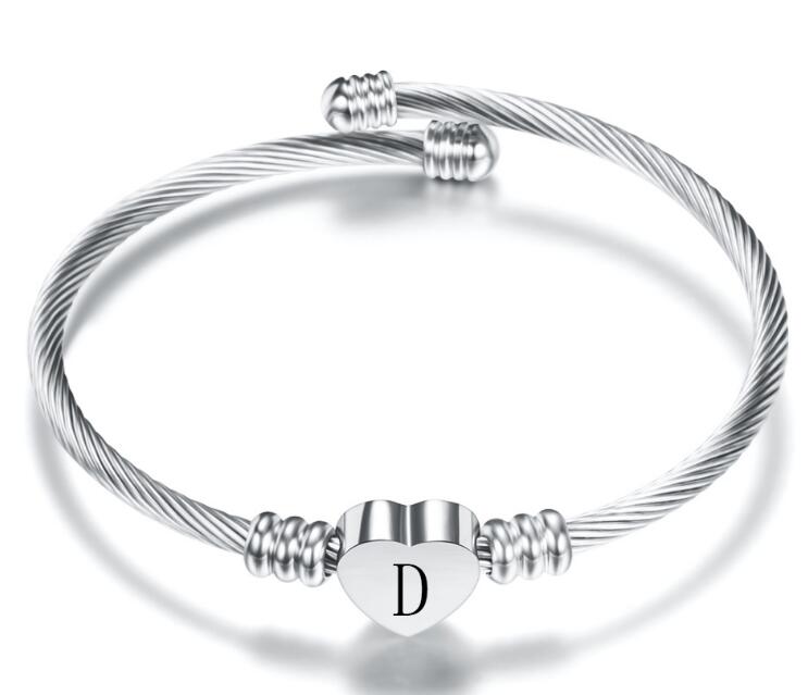 Gold Color Stainless Steel Heart Bracelet Bangle With Letter Fashion Initial Alphabet Charms Bracelets For Women GC601