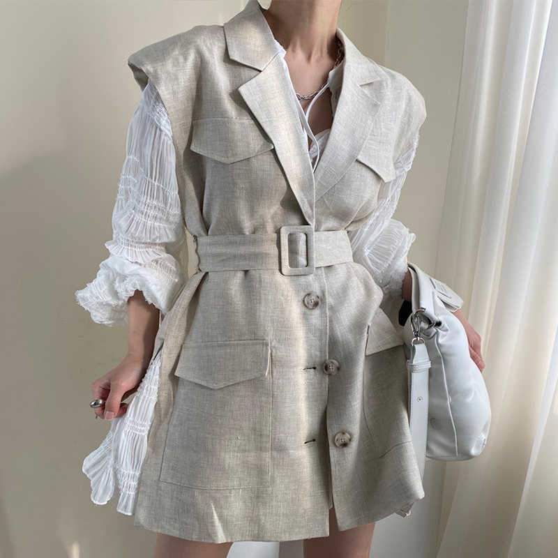 [EWQ]Round Neck Pleated Puff Sleeve Dress + Lapel Single-breasted Suit Vest With Belt Women Fashion Autumn 2F0610 210825