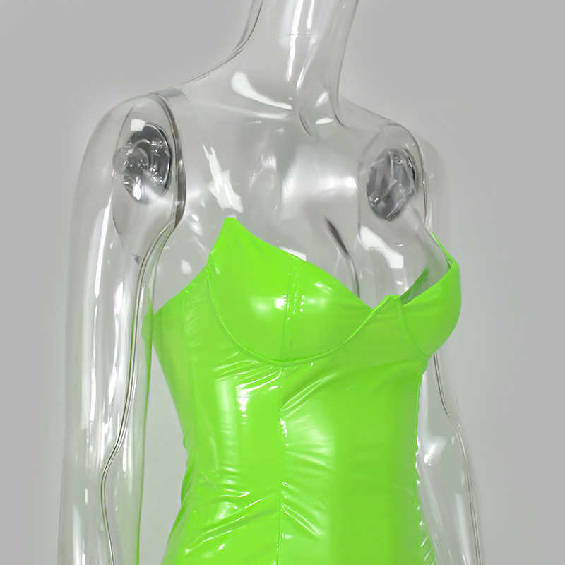 Colysmo PU Leather Party Dress Women Neon Pink Backless Club Sexy Transparent Straps Padded Low Cut Mini es Vestidos 210527