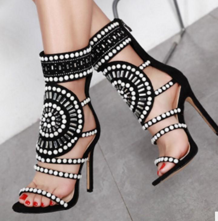 Dress Shoes Women Fashion Open Toe Rhinestone Design High Heel Sandals Crystal Ankle Wrap Glitter Diamond Gladiator Black Size 35-42