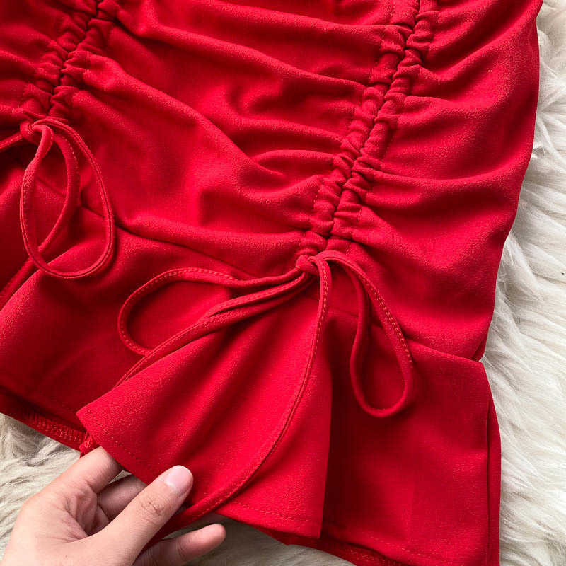 Sexy V-neck Spaghetti Strap Sleeveless Mini Bodycon Dress Summer Women Slim Waist Drawstring Ruched Ruffles Party 210623