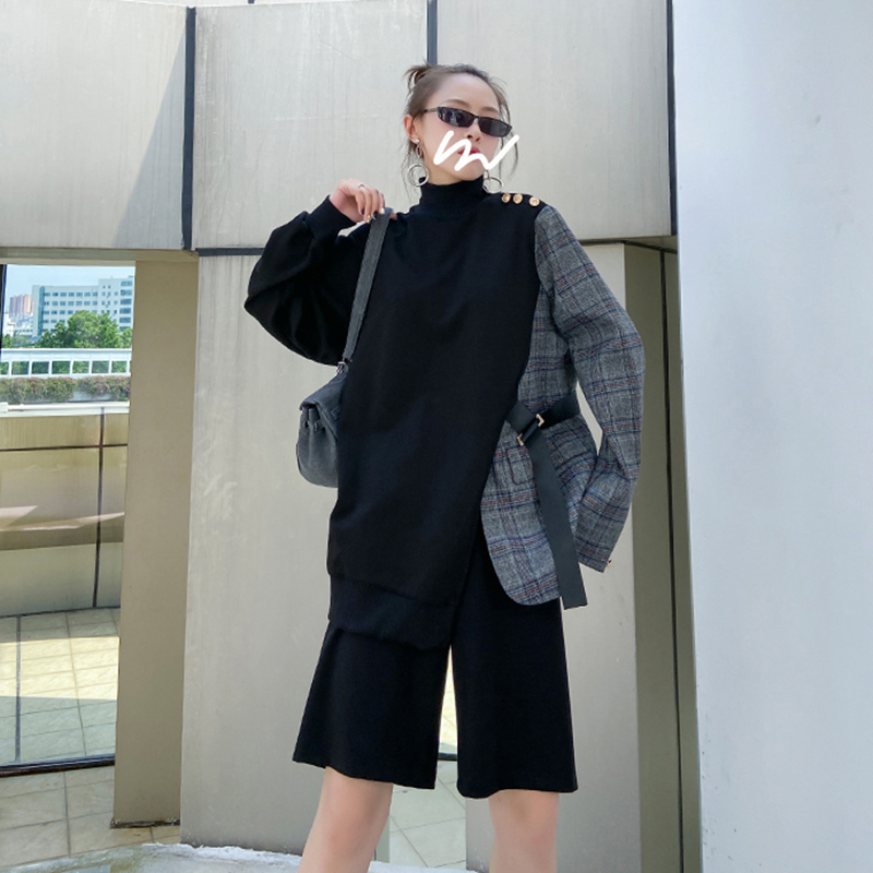 [EAM] Loose Fit Plaid Spliced Irregular Sweatshirt New Round Neck Long Sleeve Women Big Size Fashion Spring Autumn LJ201130