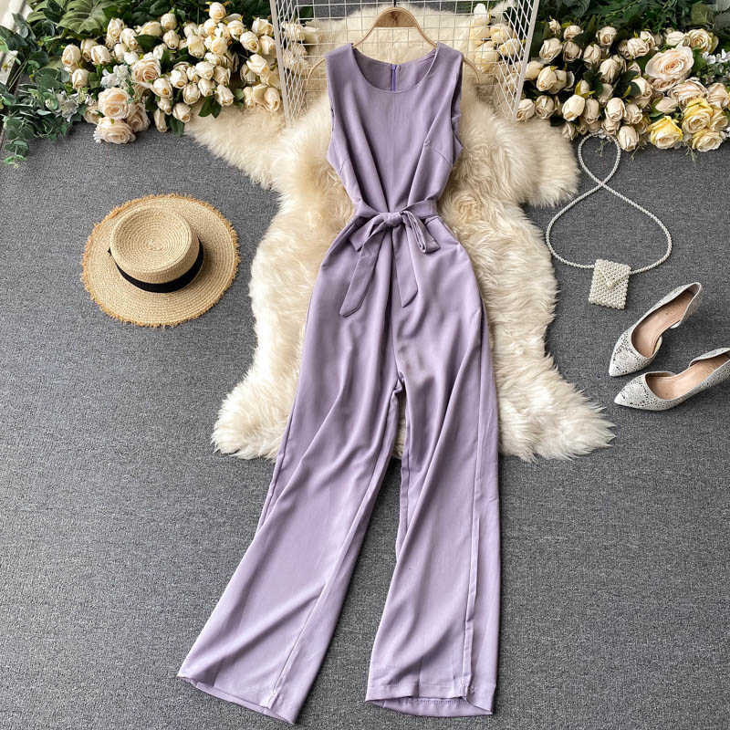 Korean Overalls Women's Fashion Round Neck Bandage Long Sleeve OL High Waist Casual Wide Leg Jumpsuits P745 210527