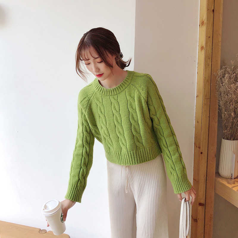 PEONFLY Solid Casual Loose Warm Knitted Cardigan Women Autumn Long Sleeve Short Knitwear Winter Women Jumper Green 210928