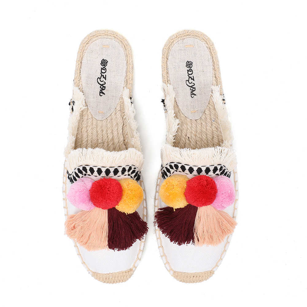 Furry Slippers Women Rubber Hemp Colors Tienda Soludos Spring Summer Tassel Fluffy Ball Canvas Mule Shoes Espadrilles Slides 210821