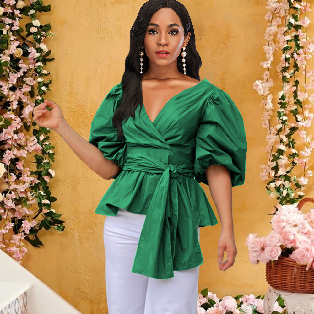 Women Blouses Half Lantern Sleeves V Neck Peplum Tops Shirts with Waist Belt Autumn 2021 New Fashion Lady Bluas African Female, White
Women Blouses Half Lantern Sleeves V Neck Peplum Tops Shirts with Waist Belt Autumn 2021 New Fashion Lady Bluas African Female, White