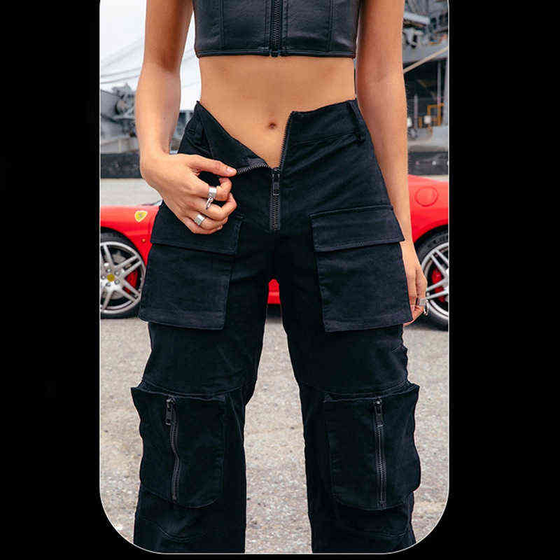 Y Demo techwear Casual Women Cargo Pants Sashes High Waist pockets Full Length Drawstring Trousers Female Fashion Clothes 211115