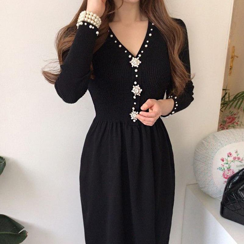 Casual Dresses Sannian Women Dress Spring And Autumn Retro V-neck Beaded Chic Single-breasted Slim Long Sleeve Knit Base Clothes, Black
Casual Dresses Sannian Women Dress Spring And Autumn Retro V-neck Beaded Chic Single-breasted Slim Long Sleeve Knit Base Clothes, Black