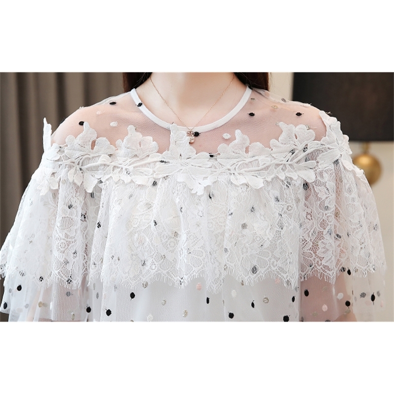 Dingaozlz New Sweet Women Blouse Fashion Lady's Chiffon shirt Patchwork Mesh Lace Tops Flare sleeve Ruffles Casual shirt T200321