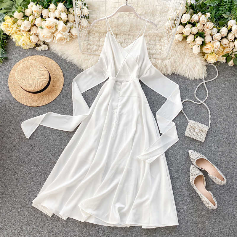Chic Women's Beach Holiday Ins V Neck Sleeveless Backless Bow High Waist A-line Dress Lady White Vestidos L294 210527