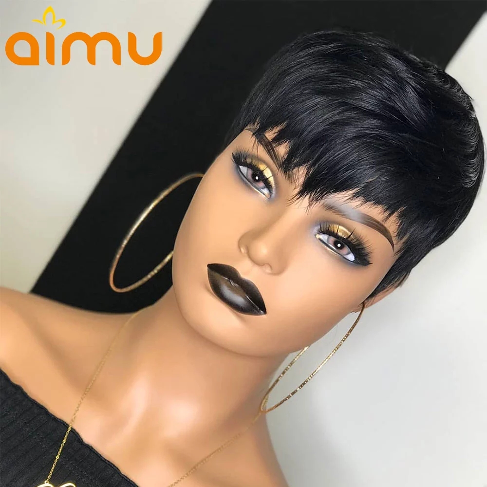 Free shipping Brazilian wavy Short Human Hair For Black Women natural color /ombe blonde Pixie Cut lace front Wig with bangs