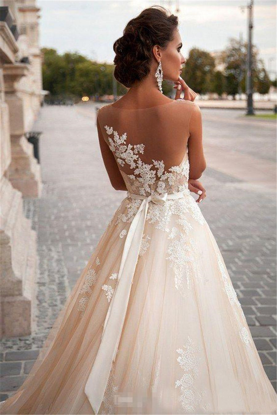 Sexy Lace A-Line Wedding Dresses 2021 Sheer Back Light Champagne Illusion Country Beach Wedding Dress Bridal Gowns Custom Made Vestidos