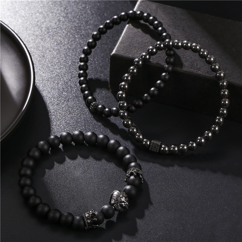 Natural Stone Beaded Mens Bracelet 2pcs/set Fashion Crown Lion Head Charm Bracelets Pulseras Masculina Jewelry