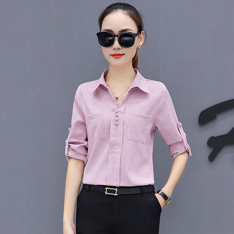 Office Work Wear OL Women Spring Summer Style Chiffon Blouses Shirts Lady Casual Long Sleeve Striped Blusas Tops DF1884 210225