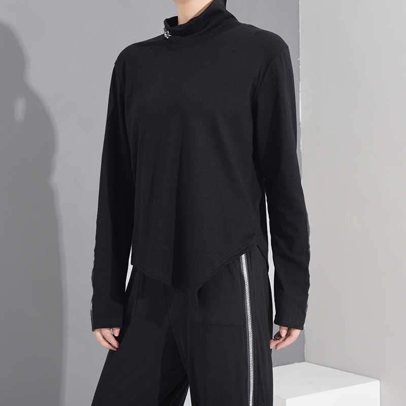 [EAM] Women Black Hollow Out Asymmetrical Split Joint T-shirt Stand Collar Long Sleeve Fashion Spring Autumn 1M87401 210720