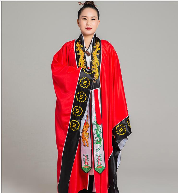 Taoist Red Yellow robe men and women TV Movie Immortal practice clothes dragon Embroidery collar plain face Daoist clothing thin
