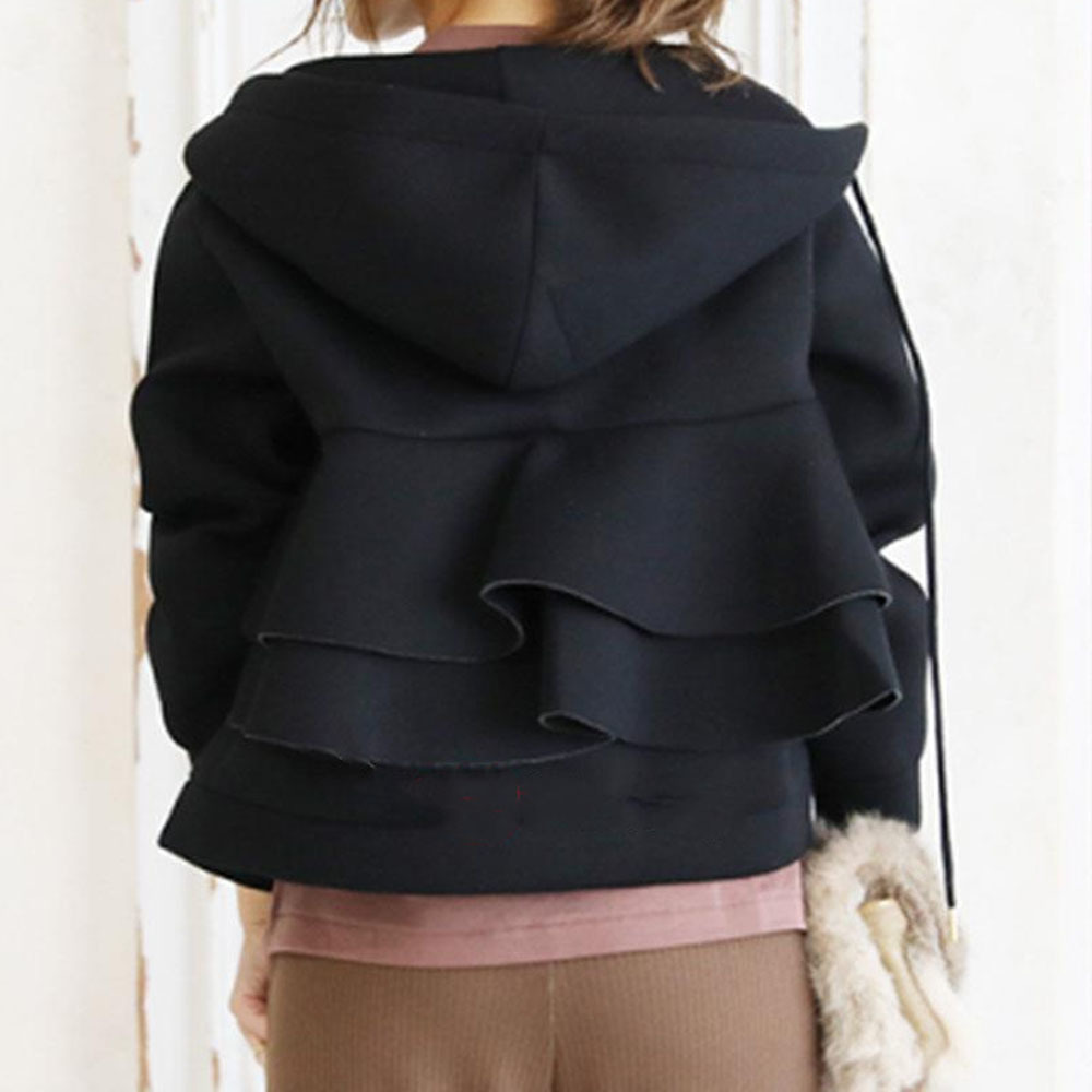 Autumn Women Hoodie Japan Style Ruffles Short Coats Zipper Hooded Falbala Solid Outwear Japan Ladies Sweatshirt Casual Top 201102