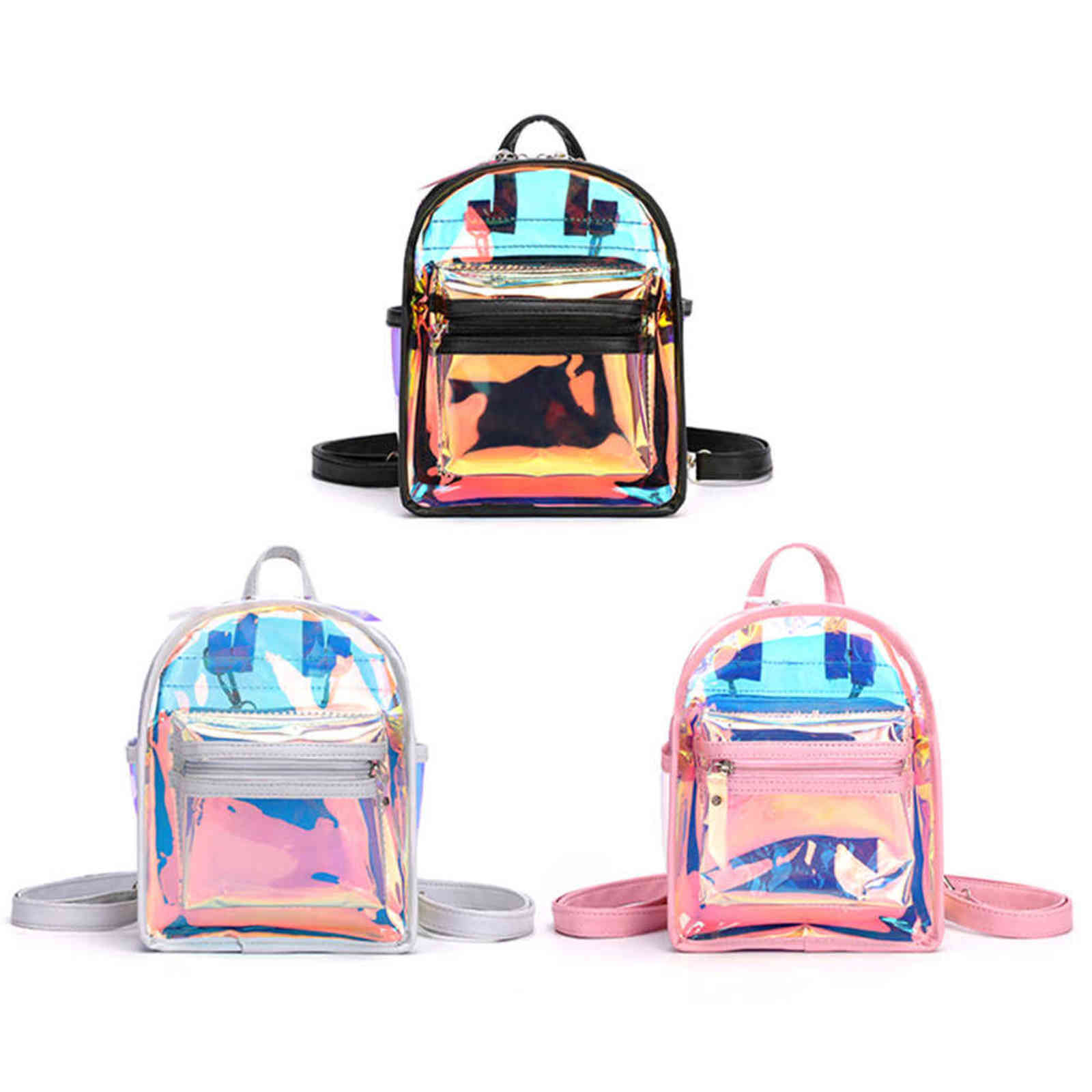 Holographic Transparent Backpack Women PVC Hologram Mini Clear Backpack Shoulder Bag Daily Backpack Y1105