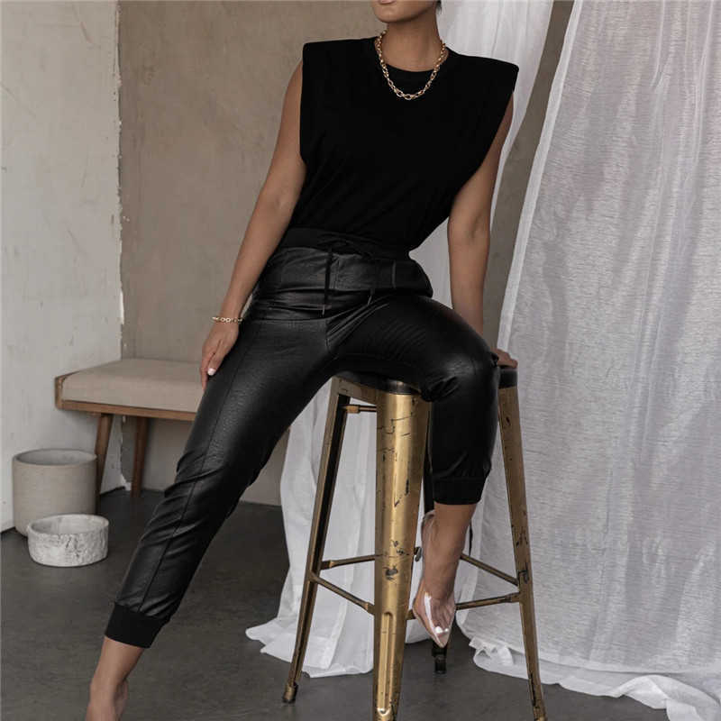 Women PU Leather Pants Fashion Street Lady Elastic Waist Pencil Pants Autumn Drawstring Sweatpants Pockets Cool Trousers GV109 211006