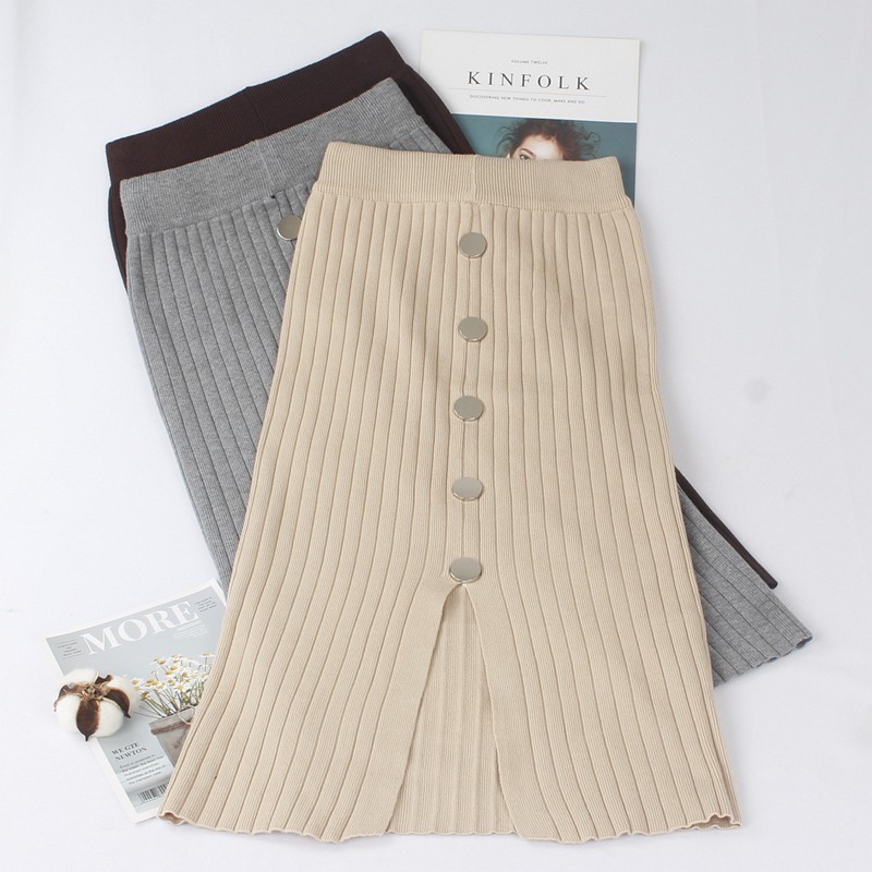 GIGOGOU High Waist Autumn Winter Knitted Women Skirts Warm skirt Long Female Rib Skirts With Button 210309