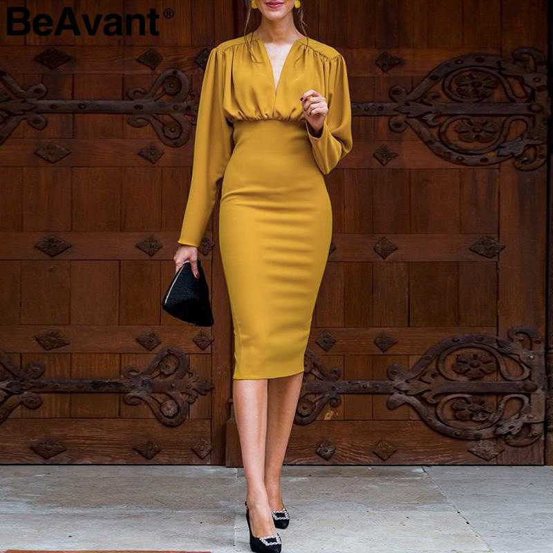 BeAvant Elegant bodycon autumn office dress women V neck batwing sleeve female mermaid dresses High waist slim ladies vestidos 210709