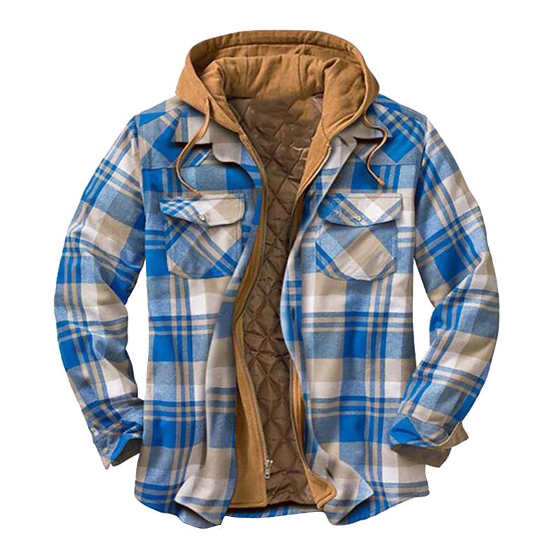 Men's Jackets European American Quilted Lined Button Down Cotton Plaid Autumn Winter Shirt Add Velvet Warm Long-sleeved Jacket With Hood