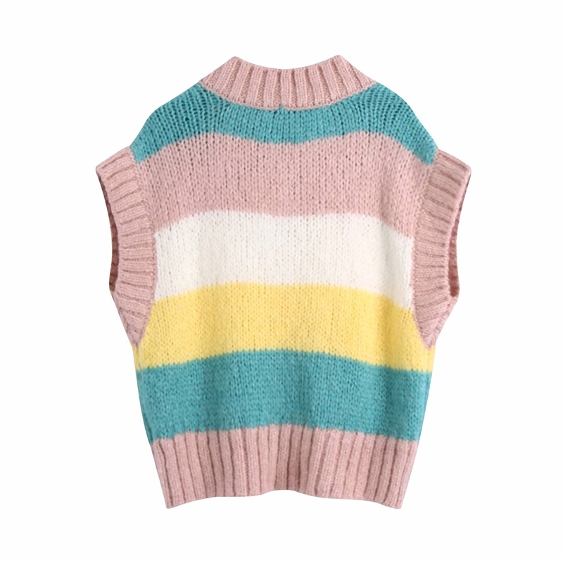 Streetwear Women Striped Sweater Tanks Fashion Ladies V-Neck Knitted Tops Elegant Female Chic Pullover Sweet Girl Vest 210527