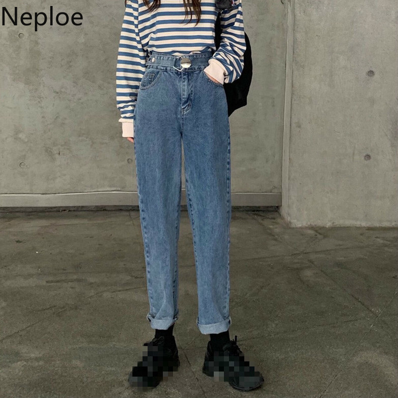 Neploe High Waist Jeans Women Spring 2021 Solid Zipper Fly Button Ladies Trousers Loose Korean Pockets Wide Leg Pants 1A005 210222