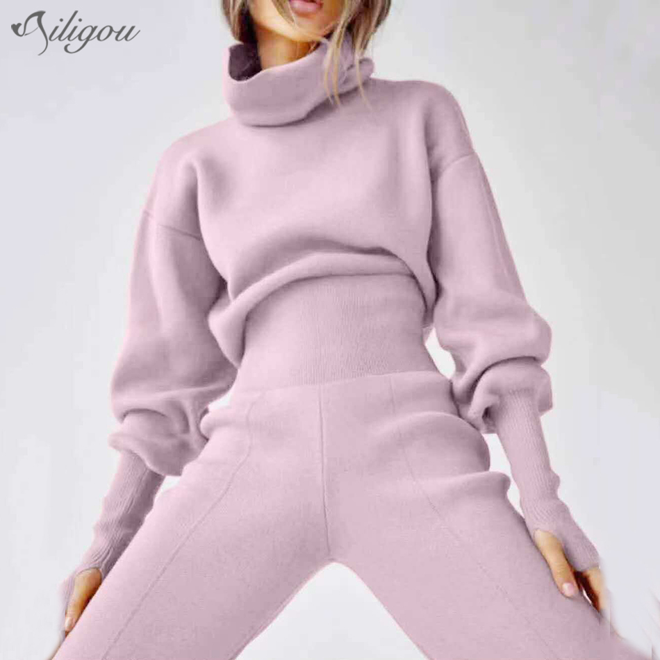 Summer Turtleneck Sweater 2 Pieces Ladies Setchic Knitted Pullover + Pants Casual Set 210525