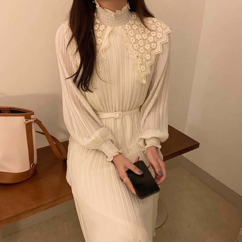 LY VAREY LIN Spring Autumn Women Knitted Pleated Dress Lace Stand Neck High Waist Slim Robe Solid Color Elegant 210526