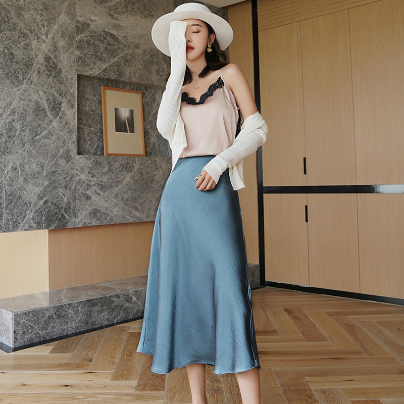 Korean Silk Skirts Womens Satin Skirt Plus Size Woman Midi Long Silk Skirt Woman Solid High Waist Skirts Faldas Mujer Moda 210306