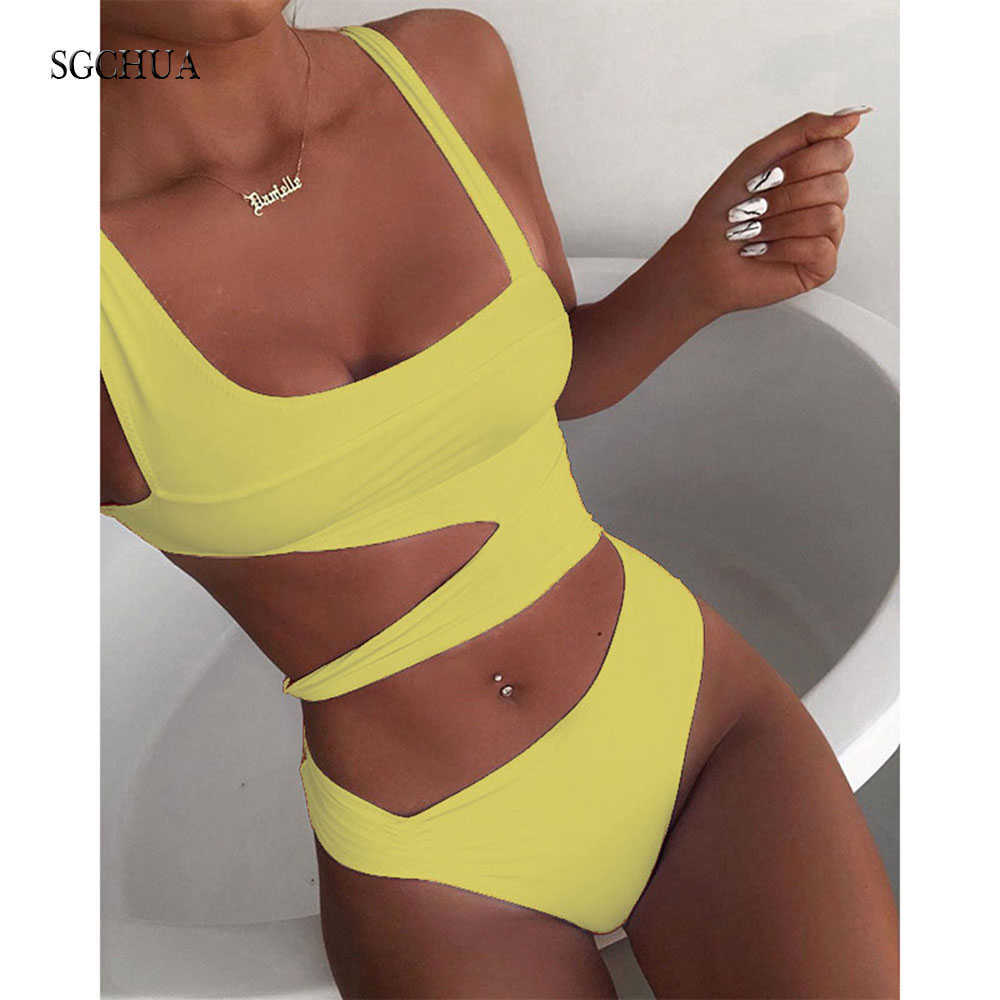 SGCHUA Solid Bandage Swimsuit Women Cut Out Monokini White Yellow Blue Swimwear Sexy Hollow Bathing Suit 210611