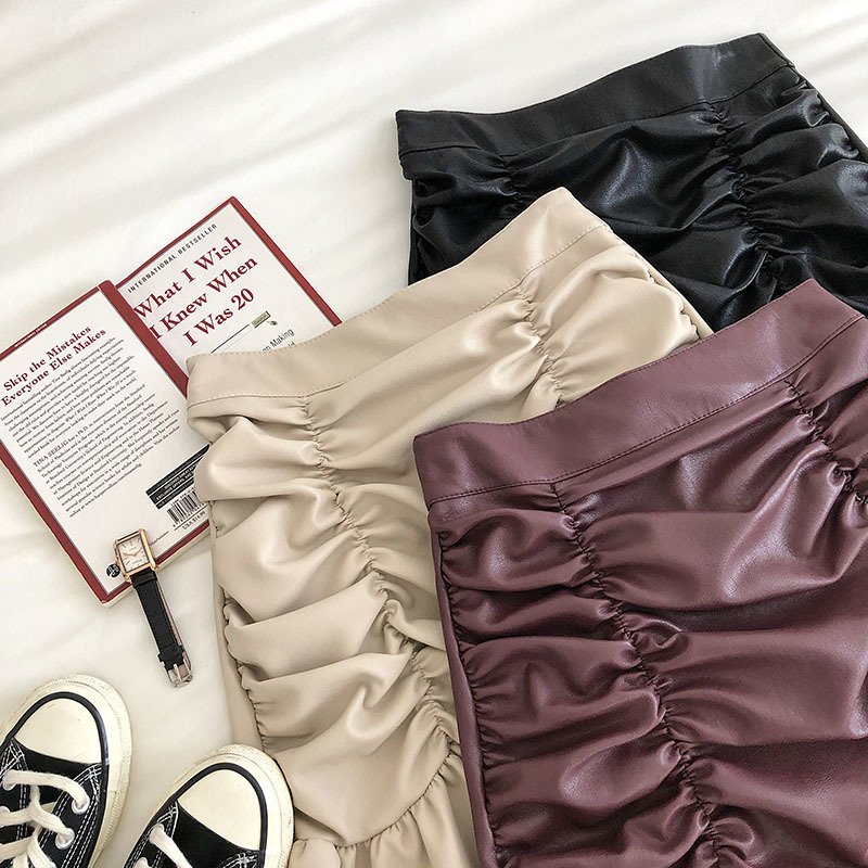 Sweet Pleated Ruffles Small Leather Skirt Womens Autumn Korean High Waist A Shaped Hip Skirt for women Culottes Vintage 210306