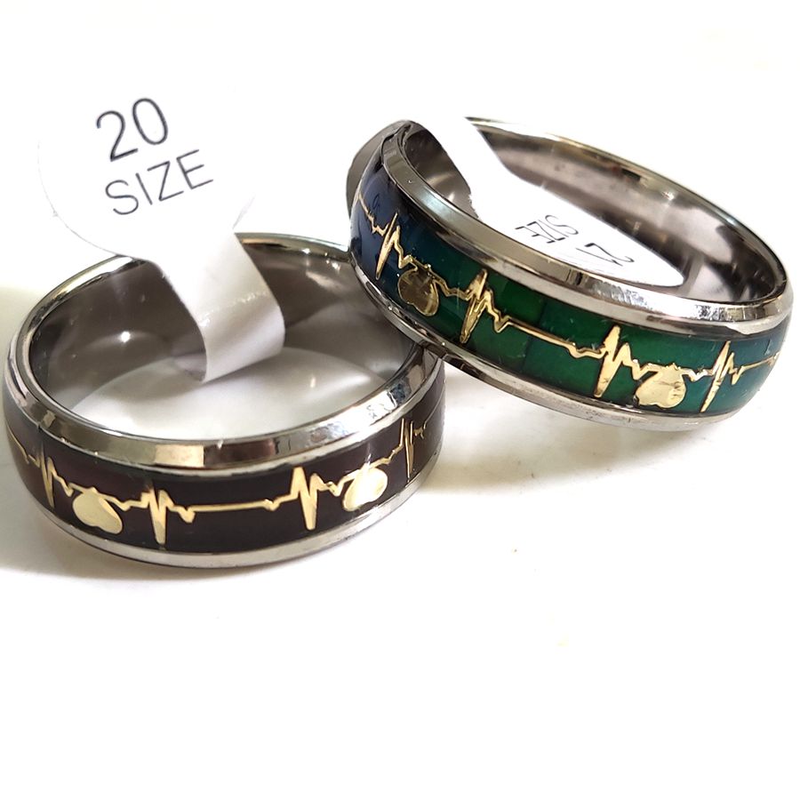 20pcs ECG Mood Ring Mens Electrocardiogram Color Change Stainless Steel Wedding Rings Fashion Womens Ring Male Unique Jewelry Gift Favor