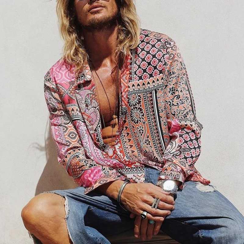 Spring Casual Long Sleeve Print Shirts Men Fashion Loose Turn-down Collar Button Tops Cotton Linen Shirt Male Streetwear 210721