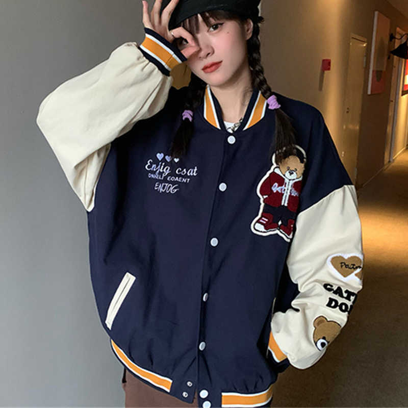 Vintage Bear Letters Baseball Jacket Coat Women Oversized Outerwear Harajuku Korean Style Loose Jacket Students Girls 220118