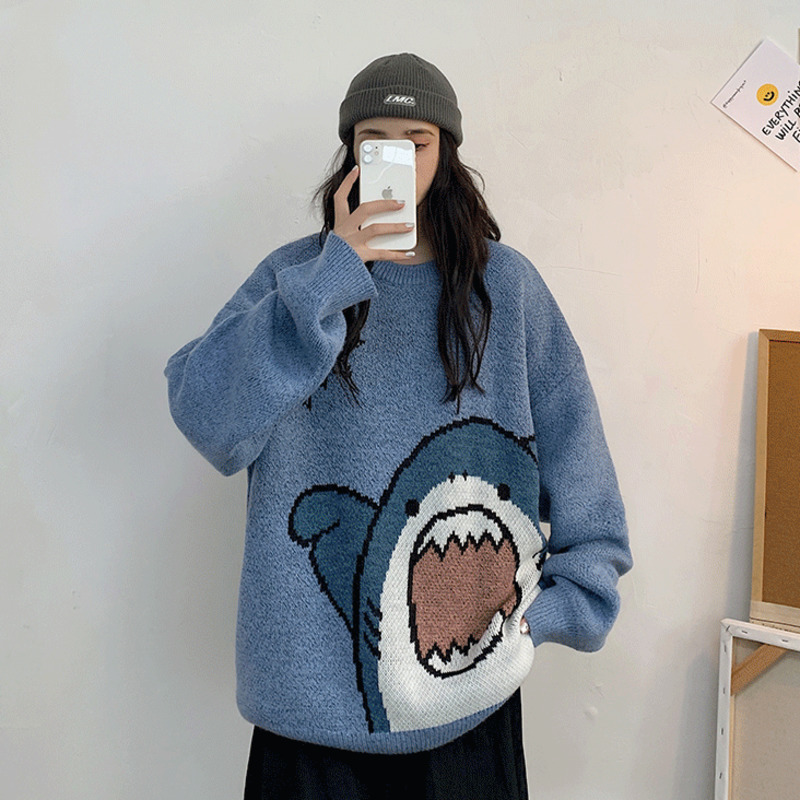 Autumn Winter Harajuku shark Knitting Warm Sweater Casual Long Women Tide Printed Sweater Loose Boyfriend Pullovers Oversized 210218