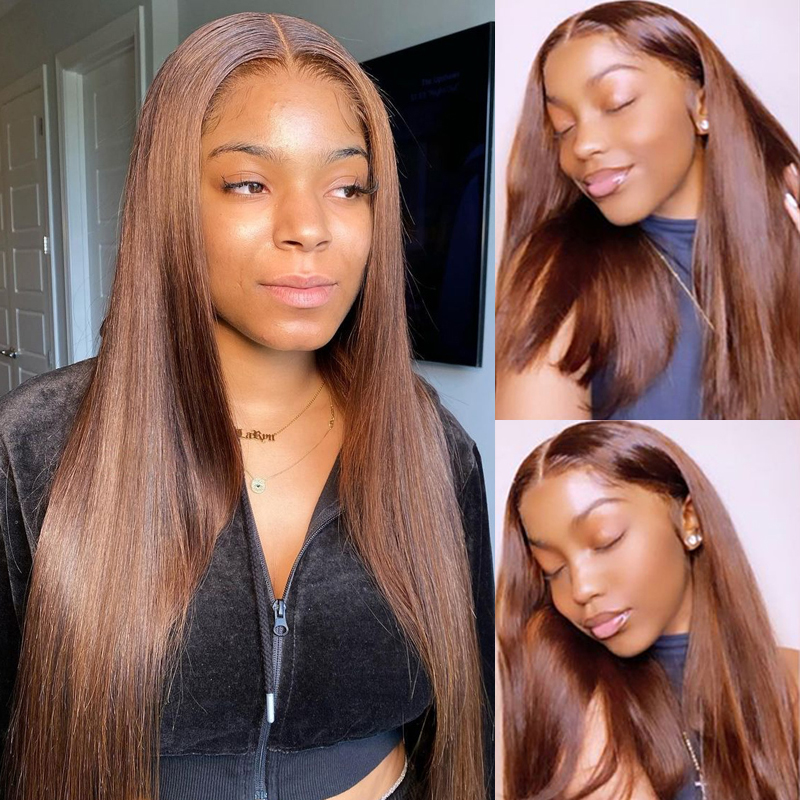 200density Full Brown Color 13x4 HD Lace Front Human Hair Wigs Straight Lace Frontal Wig Synthetic For Women Pre Plucked